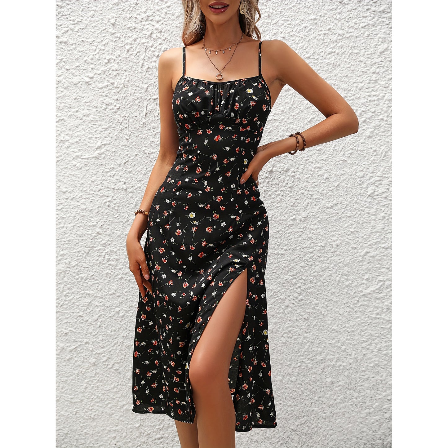 🌸 Vintage Polka Dot Spaghetti Strap Midi Dress – Summer Holiday Dress with Side Slit – Casual Day Dress – Available in Various Colours