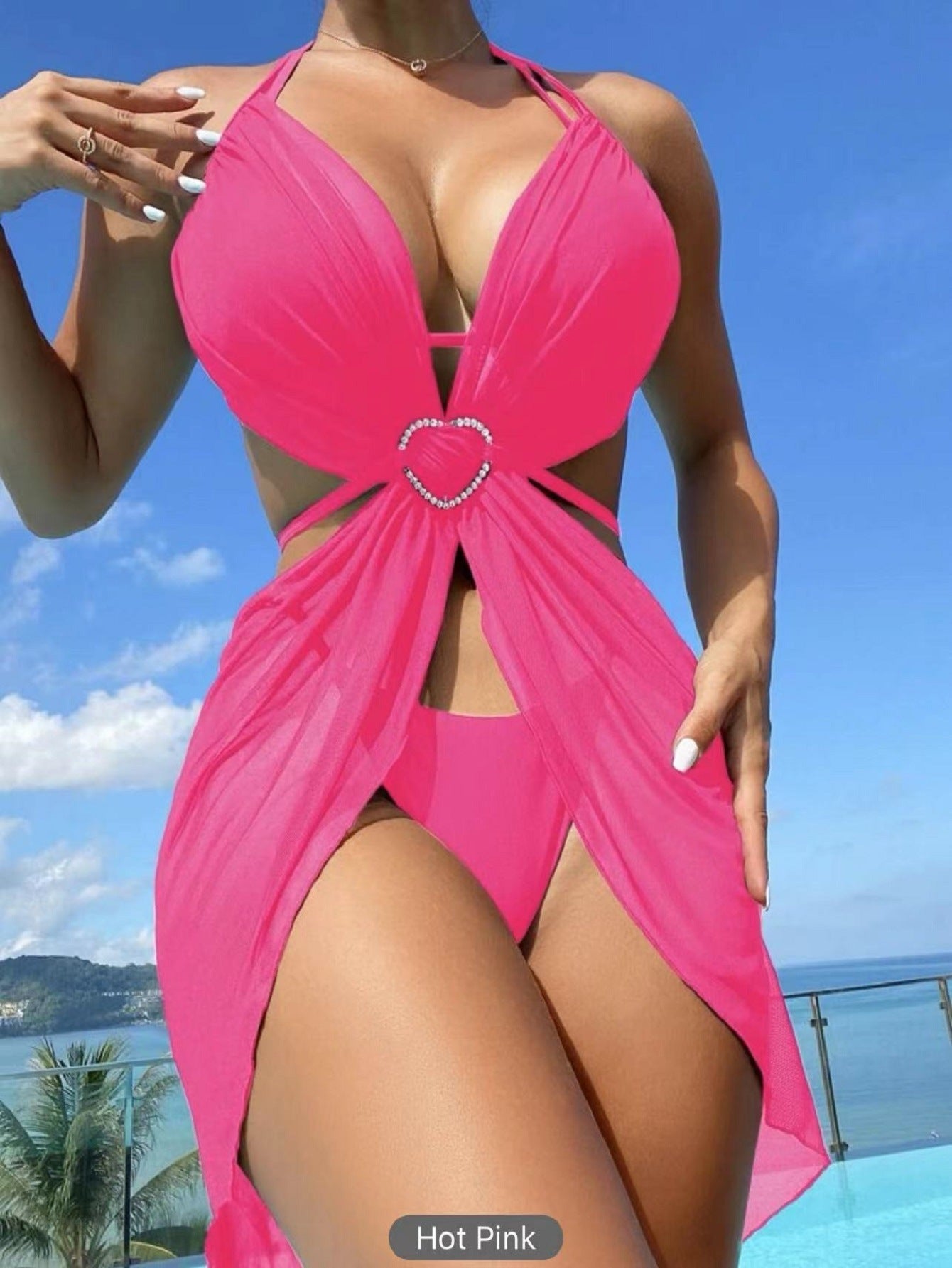 🖤 Three Piece-Glam Heart Sheer Cover-Up Swimsuit Set – Various Colours 💙💖
