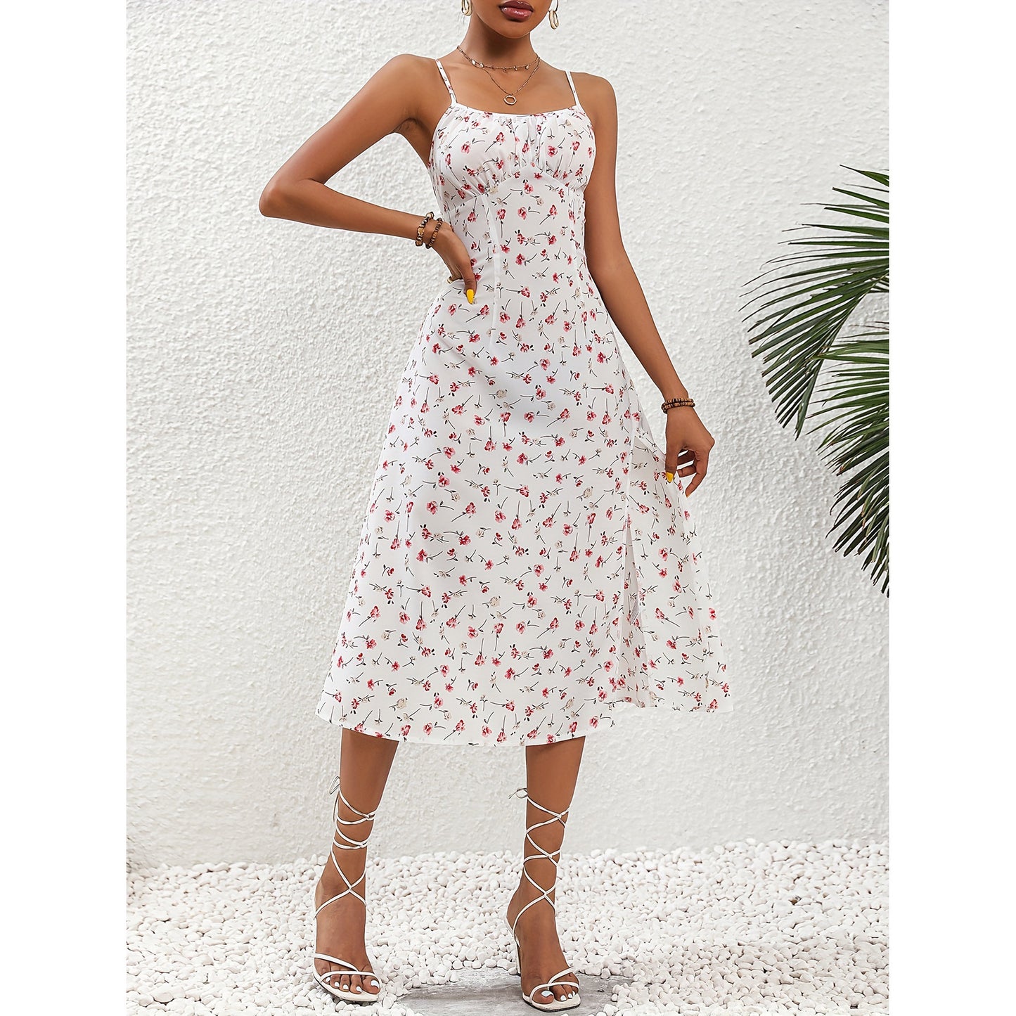 🌸 Vintage Polka Dot Spaghetti Strap Midi Dress – Summer Holiday Dress with Side Slit – Casual Day Dress – Available in Various Colours