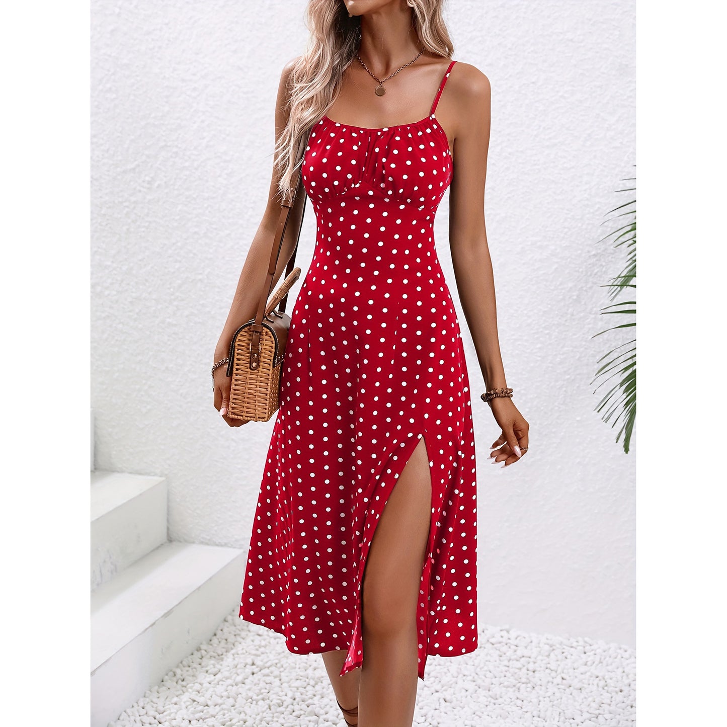 🌸 Vintage Polka Dot Spaghetti Strap Midi Dress – Summer Holiday Dress with Side Slit – Casual Day Dress – Available in Various Colours