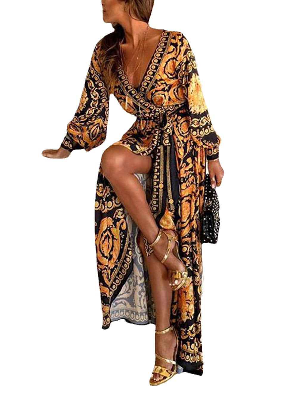 🖤 Title: Luxe Baroque Wrap Maxi Dress – Golden Glamour with a Bold Edge 🖤