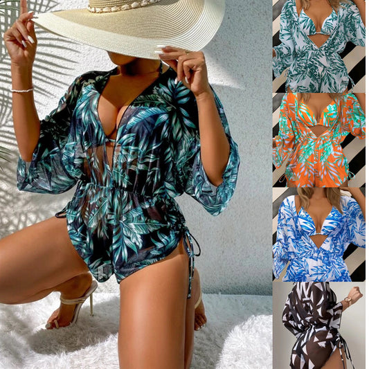 Split multi-colour printed bikini three-piece set swimsuit