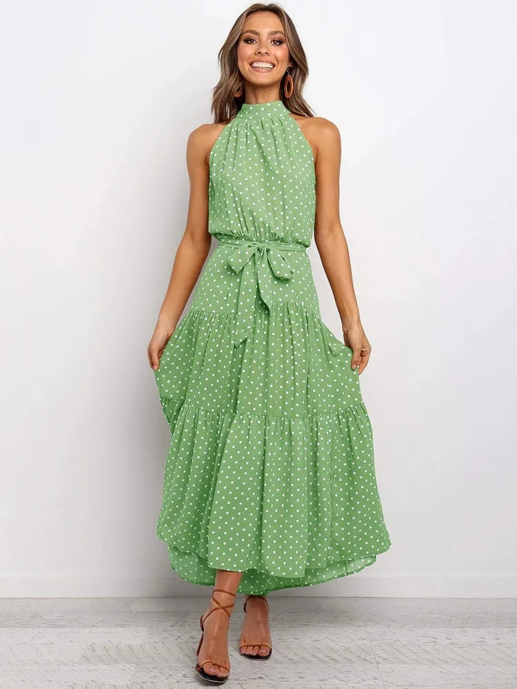🌿 Title: “Twirl Into Summer: The Polka Dot Tiered Halter Dress – Now in Multiple Colours!” 💚☀️