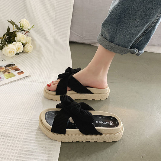 🌸 Title: Comfy-Chic Bowknot Slip-On Sandals – Black & Beige Elegance 🌸