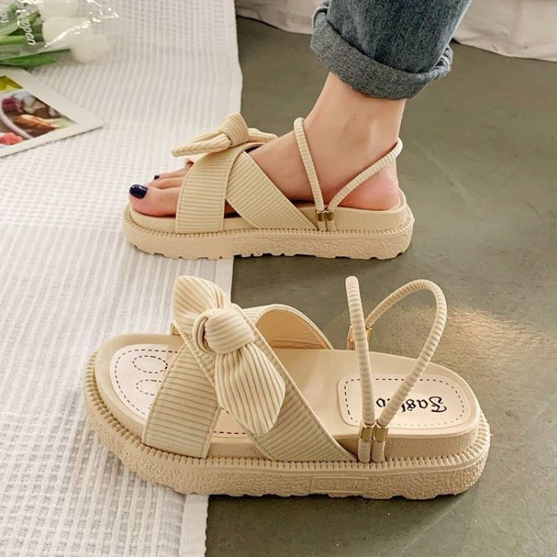 🌸 Title: Comfy-Chic Bowknot Slip-On Sandals – Black & Beige Elegance 🌸