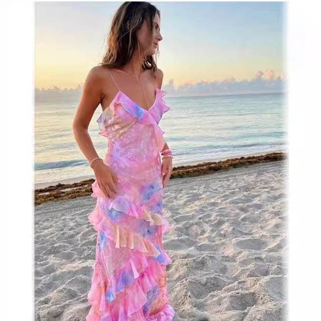 🌸 Title: “Pastel Dreams: The Ruffle Maxi Dress That Belongs in Your Sunset Photos” 🌅✨