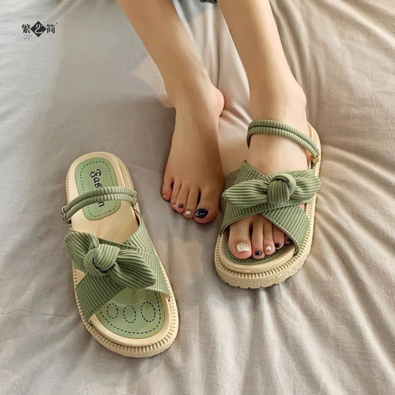 🌸 Title: Comfy-Chic Bowknot Slip-On Sandals – Black & Beige Elegance 🌸